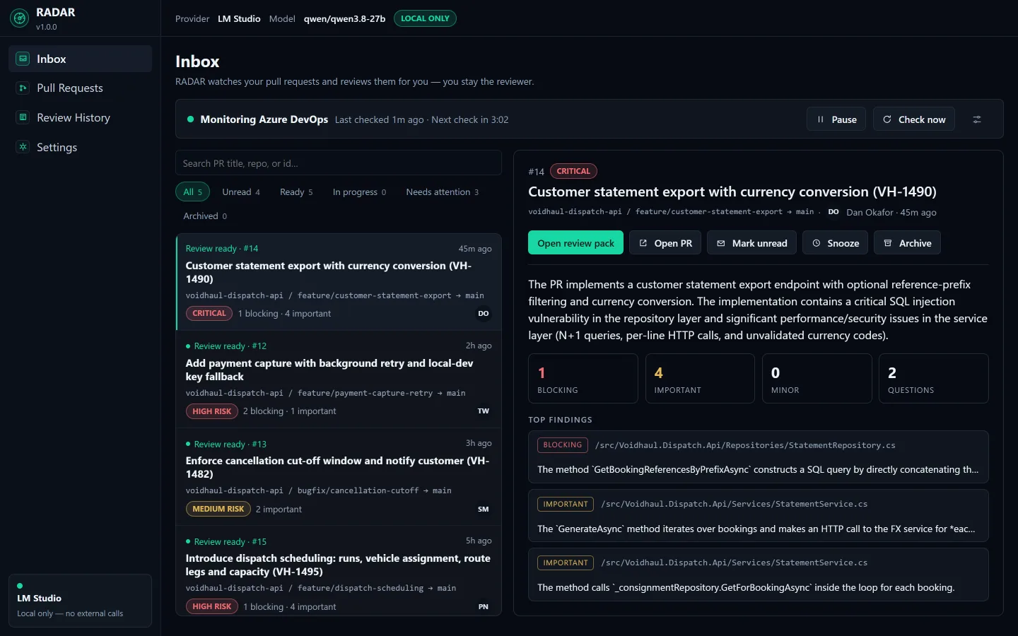 The RADAR Inbox: monitoring status row, triageable list of finished reviews with risk levels and finding counts, and a preview pane showing top findings