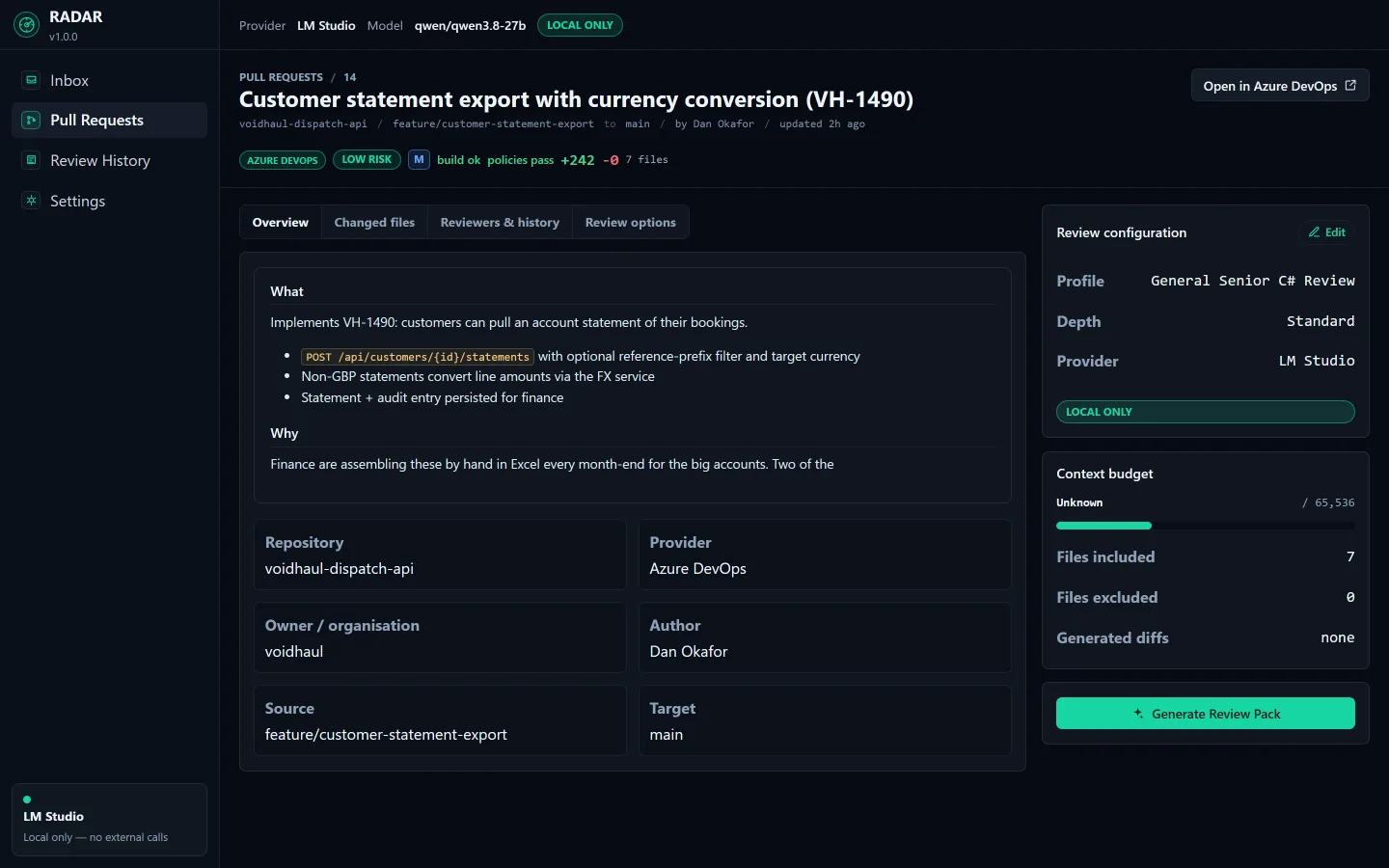 RADAR pull request detail with review depth options and file coverage